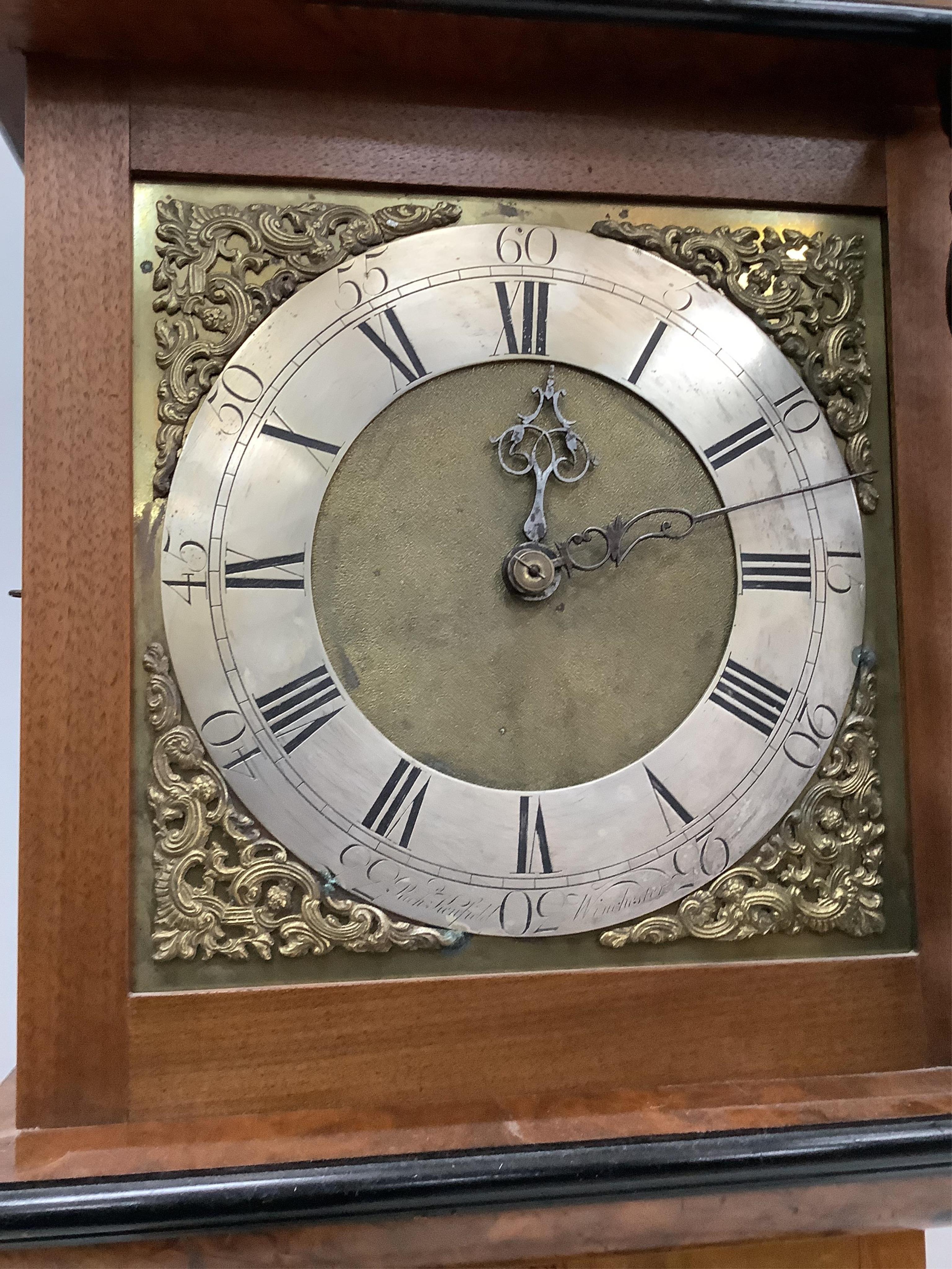 An 18th century style burr walnut thirty hour longcase clock, marked Kenfield, Winchester, height 203cm